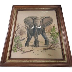 Vintage Framed Art Print Elephant Portrait Signed Kinzie South Bend Indiana